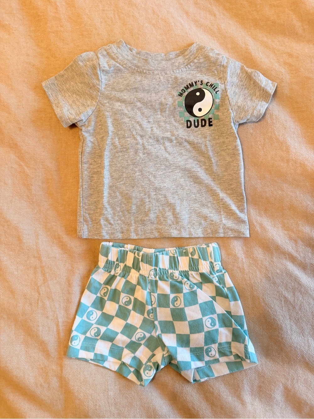 Garanimals Gray Tee with Teal Checkered Yin-Yang Shorts Set